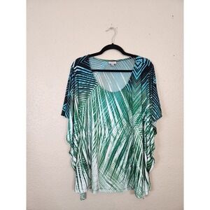 Avenue Palm Print Tie Sleeve Tunic‎ Top Plus Size Tropical Green Blue 22/24